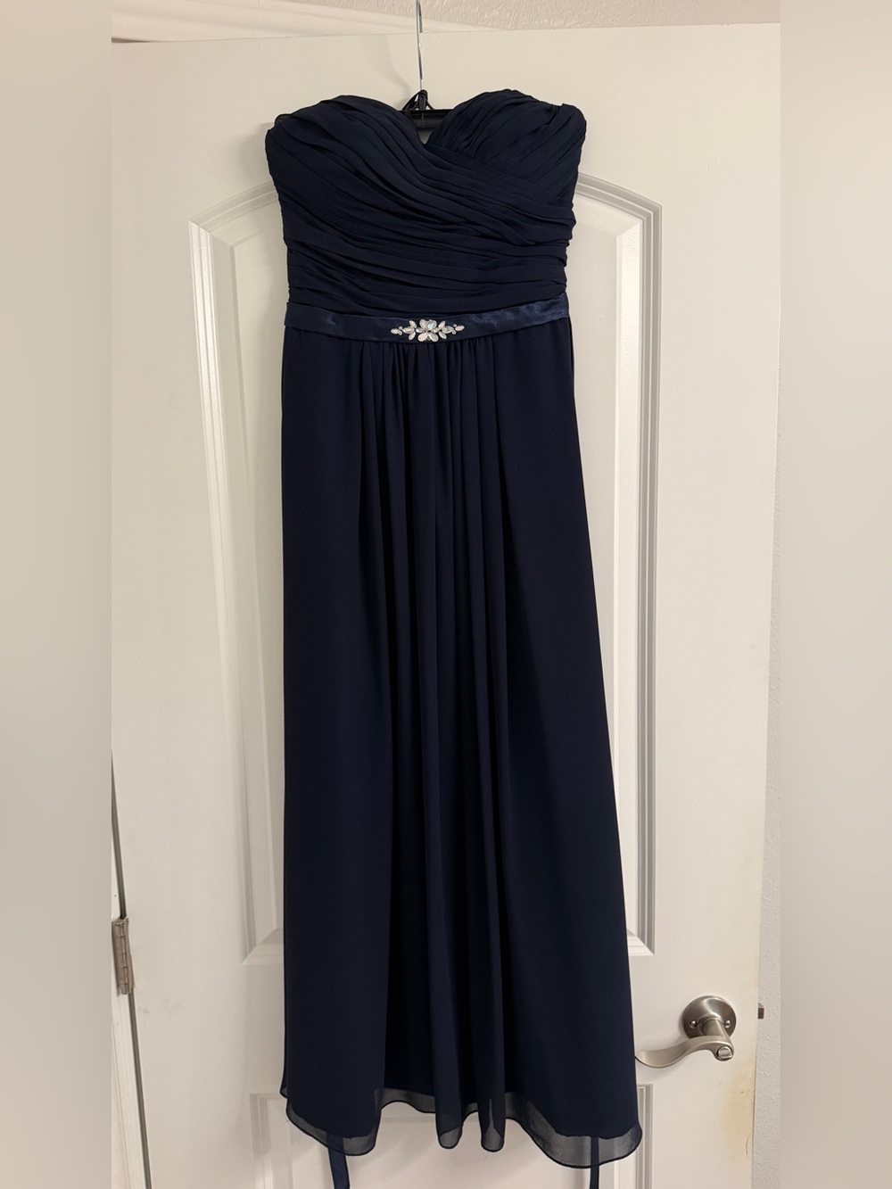 a.n.a Navy Maxi Dress with Satin Waist and Crystal Accent